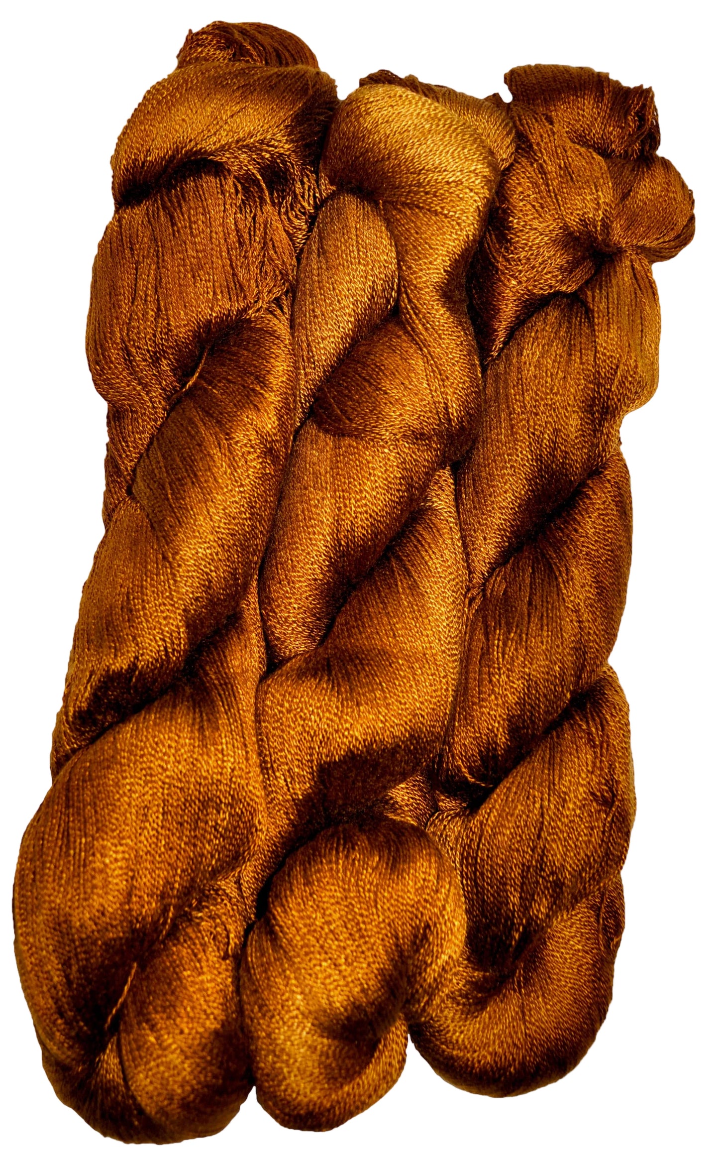 Three skeins of coppery bronze dyed 10/2 Tencel on a white background