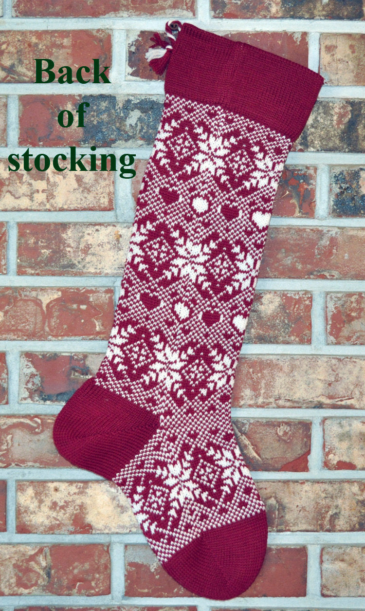 Large Personalized Knit Wool Christmas Stockings - Snowflakes and Hearts Matching Pair