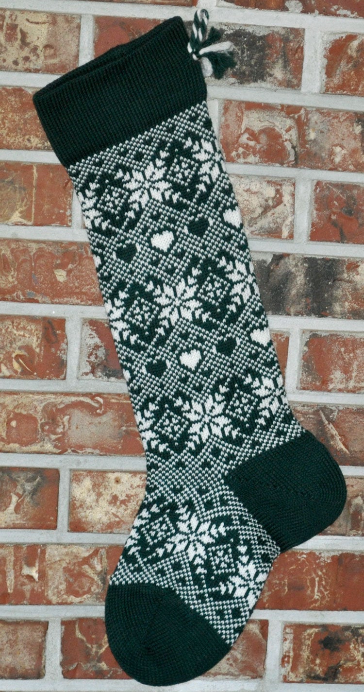 Large Personalized Knit Wool Christmas Stockings - Snowflakes and Hearts Matching Pair