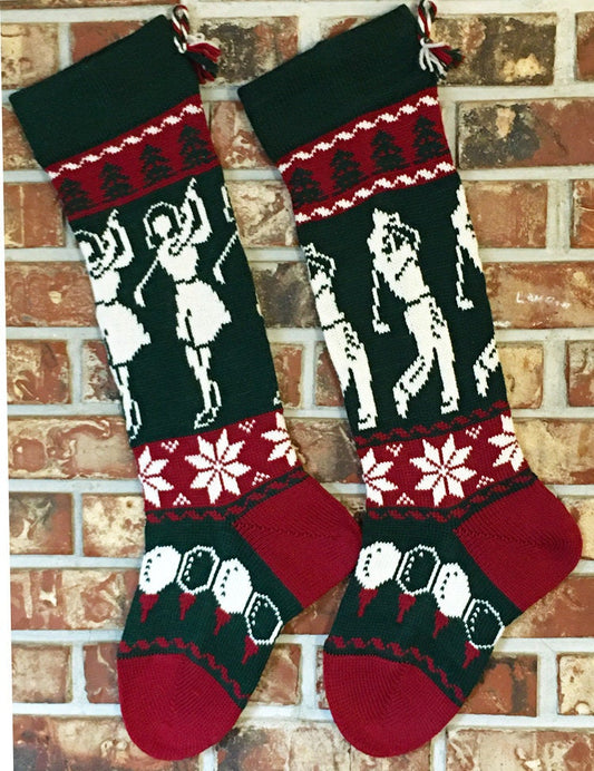 Large Personalizable Knit Wool Christmas Stockings - Gentleman & Lady Golf Pair