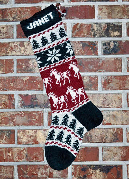 Large Personalizable Knit Wool Christmas Stocking - Horses & Snowflakes