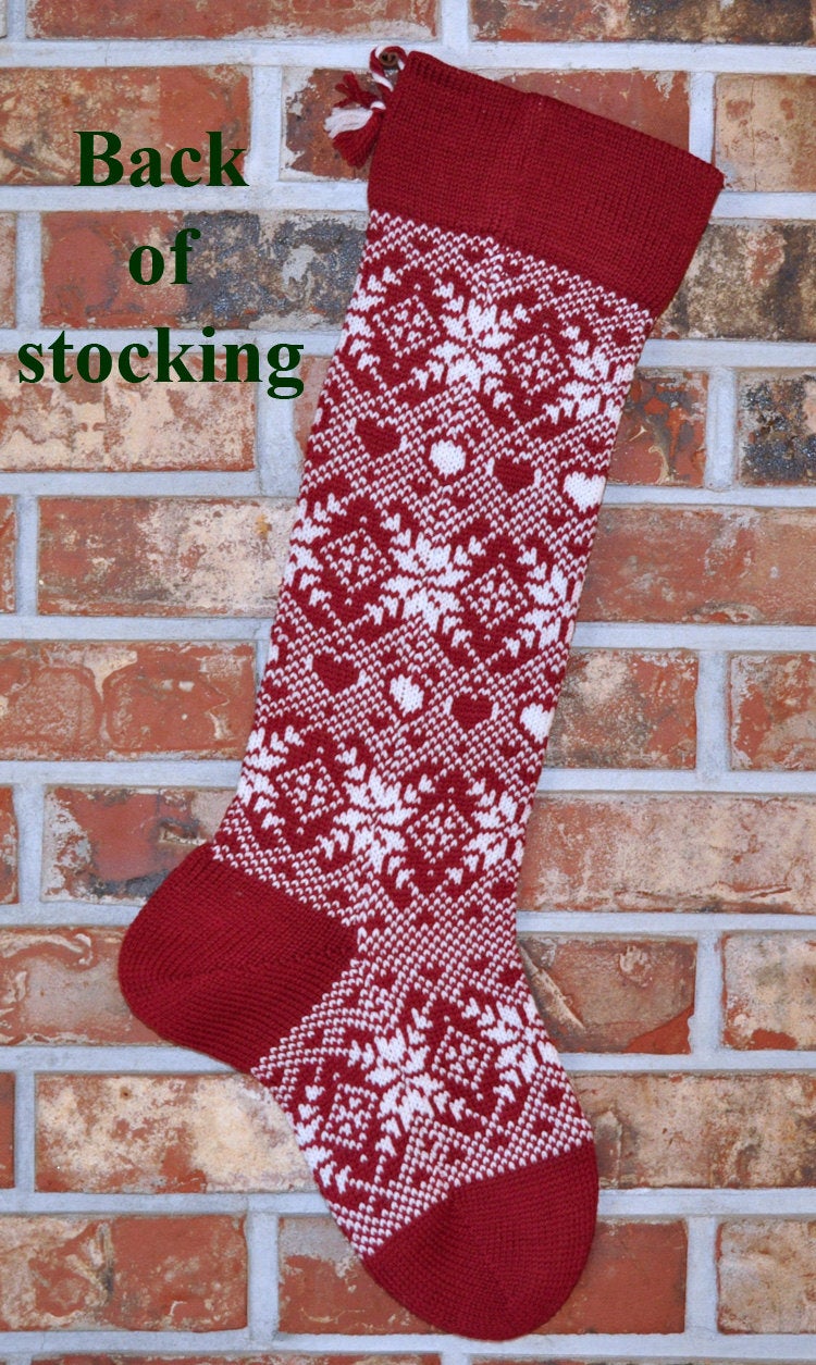Large Personalizable Knit Wool Christmas Stocking - Snowflakes & Hearts - CRANBERRY