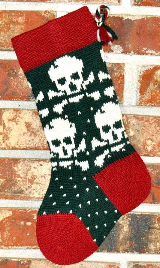 Small Knit Wool Christmas Stocking - White Skulls with Red Trim