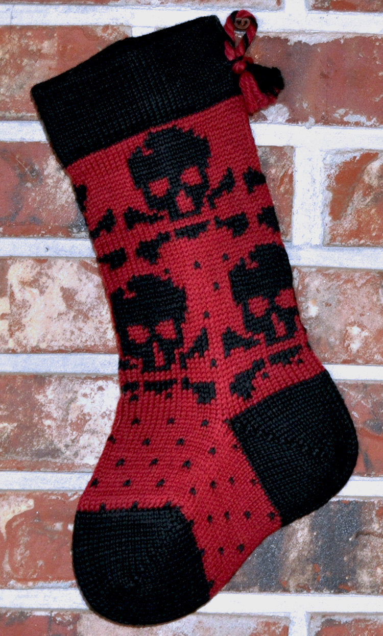 Small Knit Wool Christmas Stocking - Black Skulls